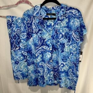 NWT Lauren Ralph Lauren Womens Pajama Set Medium Blue Paisley Print Capri Lounge